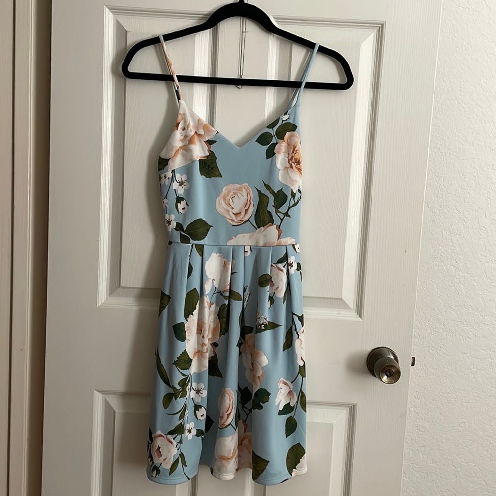 Light Blue Floral A-line Mini Dress (Size XS)